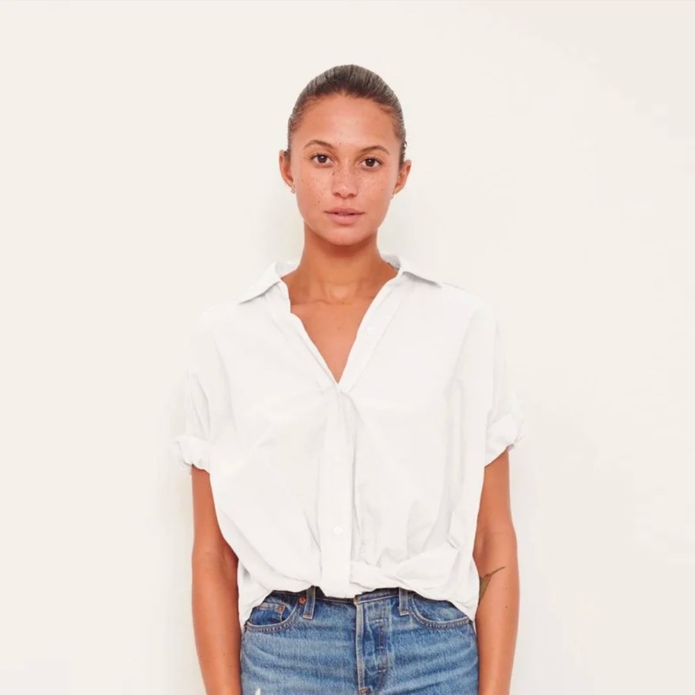 Stateside Voile Short Sleeve Front Twist Button Up Shirt in White